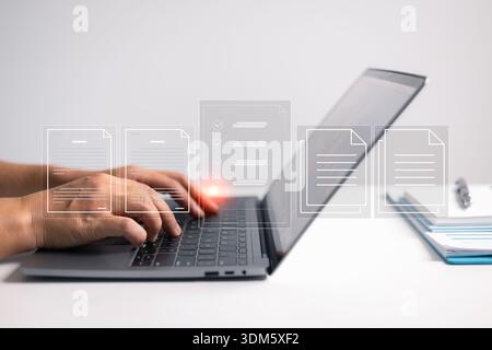 Document management in business involves securing information and files in cyberspace using advanced office technology. document, management, involves Stock Photo