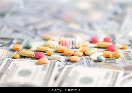 Medical business, a doctor carefully manages the money for each dose of medication, ensuring that even narcotic prescriptions are given against a back Stock Photo