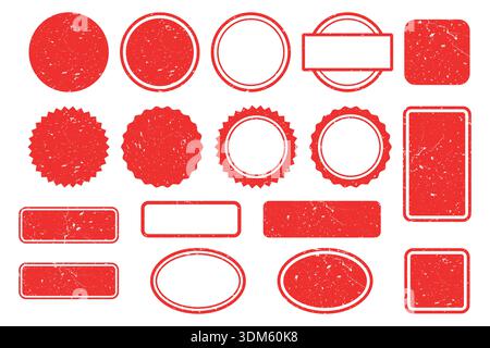 Collection of Grunge blank distressed red rubber stamp in circle and rectangle shapes vector stock illustration Stock Vector