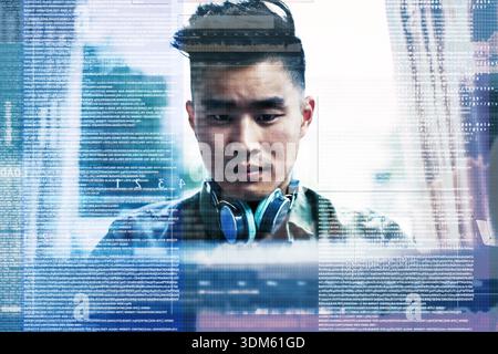 Home, coding and man with laptop, hologram and online reading for web development. Programmer, coder and Asian person with pc, cyber security research Stock Photo
