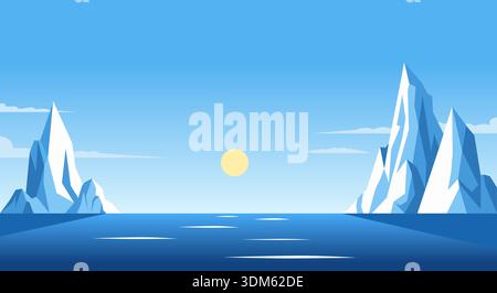 A clean and modern flat illustration featuring towering icebergs floating in a calm blue ocean under a clear sky with a bright sun. Stock Vector