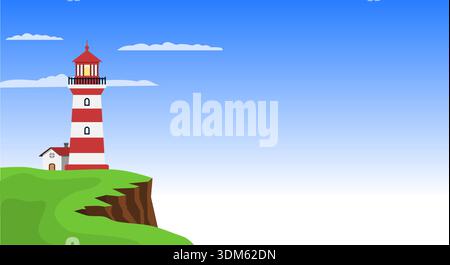 A clean and modern flat illustration of a classic red and white striped lighthouse standing on a grassy cliff edge. Stock Vector