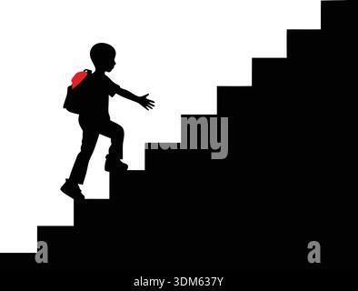 A child climbing a ladder silhouette design vector art, Silhouette of a child climbing stairs with a backpack on his back Stock Vector