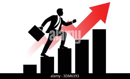 Businessman Climbing Success Graph with Upward Arrow, Business Growth and Career Progress Concept, silhouette of business man with arrow Stock Vector