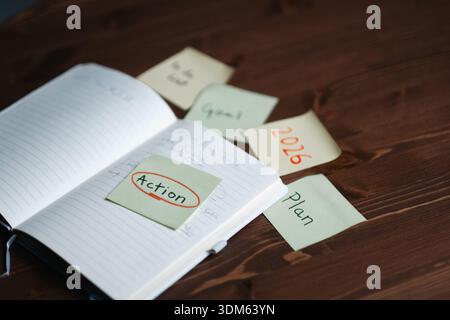Notebook with action goal and plan sticky notes for 2026 productivity planning Stock Photo