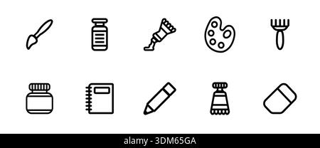 Drawing tool icons set, simple black outline. Wisp paintbrush, opened paint tube, tall paint bottle. Stock Vector