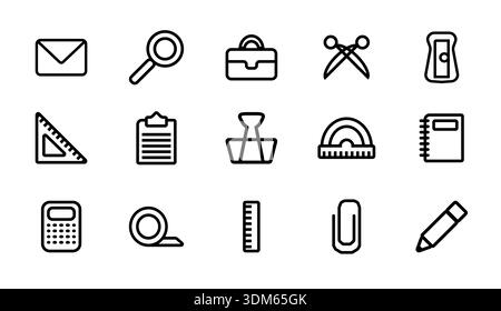 Office tools icon set, simple black outline. Pencil sharpener and protractor, ruler and notebook. Stock Vector