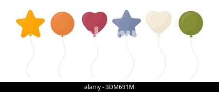 Set of six balloons: star, heart and round shapes in yellow, orange, red, blue, ivory, green. Pastel flat vector playful style. Balloon clipart set. F Stock Vector