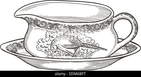Sauce boat with plate dishware sketch in vintage style. Porcelain tableware with pheasant bird print. Hand drawn serving vector illustration. Ideal for template design. Ceramic art for greeting card. Stock Vector