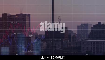 Displaying skyline through window mullion at dusk from office, with red-blue charts and grid Stock Photo