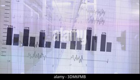 Displaying digital bar chart and waveform traces overlaying hospital corridor, labeled bars, coats Stock Photo