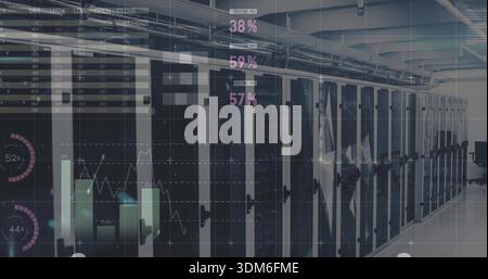 Showing server racks streaming HUD analytics in data center corridor, with LED status lights Stock Photo