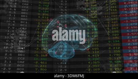 Floating translucent blue 3D brain hologram linking to financial dashboard, showing red nodes Stock Photo