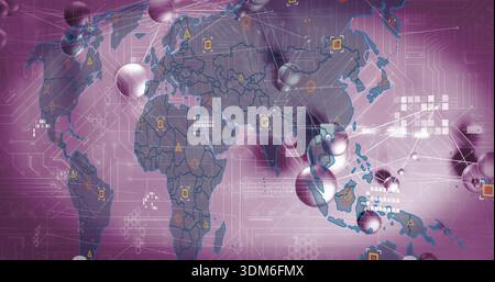 Showing global map overlay pulsing in digital infographic, with spheres, lines, markers Stock Photo