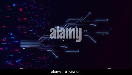 Displaying glowing cyan circuit traces branching in virtual environment, showing magenta light dots Stock Photo