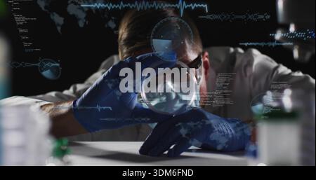 Leaning male scientist in lab coat blue gloves examining sample with magnifier at lab bench, HUD Stock Photo