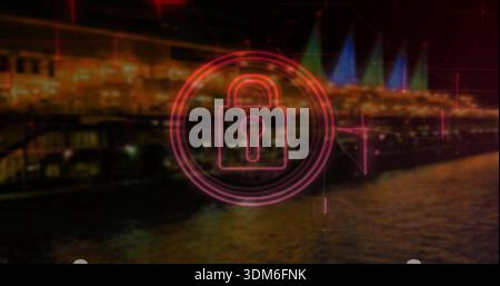 Glowing neon padlock icon with concentric rings hovering over night waterfront, showing reflections Stock Photo