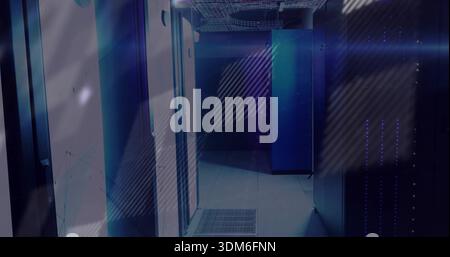 Showing central aisle between server racks leading into data center with LED lights, vent tile Stock Photo