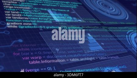 Displaying stylized code lying over deep blue grid on computer display, showing bar chart, nodes Stock Photo