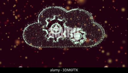 Glowing particle-formed cloud holding two gears while pulsing in digital space, with warm bokeh Stock Photo