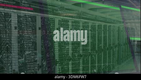 Displaying row of server racks lining data center aisle, with LED indicators and code overlay Stock Photo