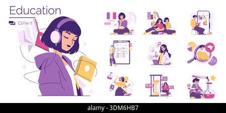 Vector illustration set showcasing engaging educational activities. Features students learning through reading, listening, and interactive tools, highlighting diverse study methods and emotions. Stock Vector