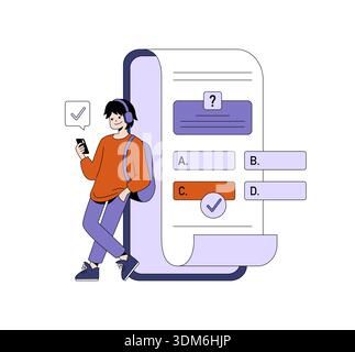 Vector illustration of a young person celebrating a correct online quiz answer. The character is happy, holding a phone, with a large quiz UI behind them, highlighting their achievement. Stock Vector