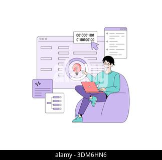 Vector illustration of a young programmer sitting on a bean bag, analyzing code on a laptop. The person is interacting with digital elements, suggesting creativity and focus. Stock Vector