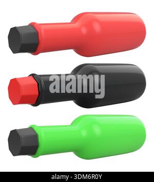 Set of glossy plastic sauce bottles with colorful caps, isolated on a ...