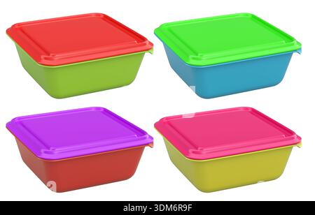 Set of vibrant square plastic food storage containers with colorful ...
