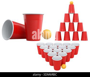 Set of plastic cups and colorful ping pong balls isolated on white ...