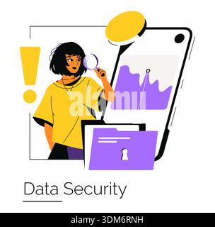 Vector illustration of data security concept featuring a woman holding a magnifying glass, examining data on a smartphone. Includes elements like a locked folder and warning icons. Stock Vector