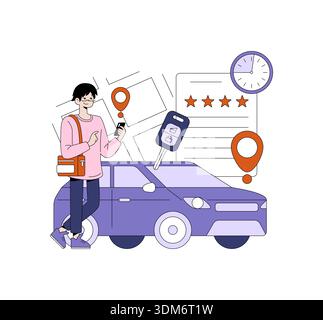 Vector illustration of a young man using a smartphone ride-sharing app next to a car. Illustrates car hire concepts with car key, GPS location, and positive service rating. Stock Vector
