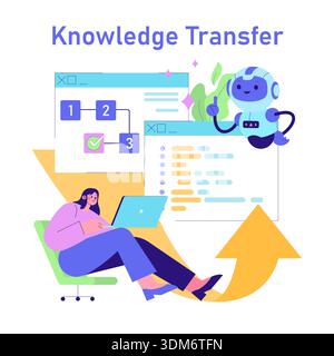 Colorful vector illustration showing the concept of knowledge transfer between a person working on a laptop and an AI robot. Abstract flowcharts and coding elements highlight advanced technology communication. Stock Vector