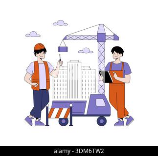 Vector illustration of two construction workers planning at a building site with a crane. They are discussing blueprints and progress, expressing teamwork and coordination. Stock Vector
