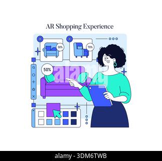 Vector illustration depicts a woman using augmented reality for furniture shopping. She interacts with holographic displays of sofas and chairs, selecting and customizing her choices. Stock Vector