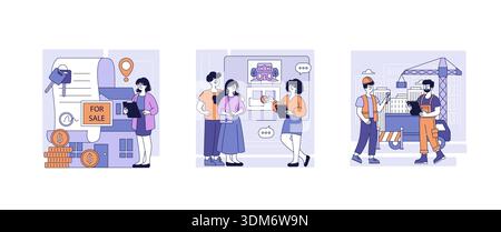 Vector illustrations depicting real estate sales, a couple discussing house options, and construction workers planning at a site. Each scene highlights key elements of the industry processes. Stock Vector