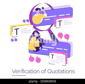 Vector illustration depicting a magnifying glass focusing on two characters amidst speech bubbles. The visual conveys the concept of quotation verification through online communication. Stock Vector