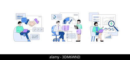 Vector illustration depicting a team collaborating on business analysis. Includes visual elements like charts, graphs, and teamwork. Ideal for business and marketing concepts. Stock Vector