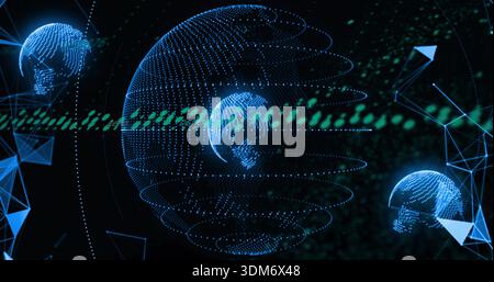 Rotating central globe glowing with dotted rings, smaller globes in cyberspace, with green stream Stock Photo