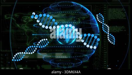 Displaying DNA double helix wrapping around dotted globe in virtual dashboard, with charts and code Stock Photo