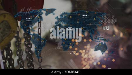 Displaying translucent world map overlay in workshop, with hanging chains, strap and sparks Stock Photo