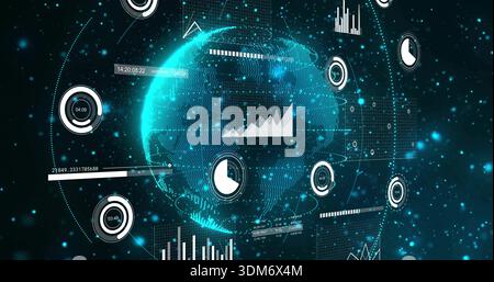 Displaying holographic globe showing data overlays on virtual dashboard, with rising line chart Stock Photo