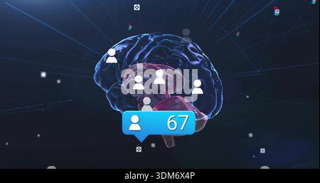 Showing stylized 3D brain linking with user avatars in cyberspace, displaying blue notification 67 Stock Photo