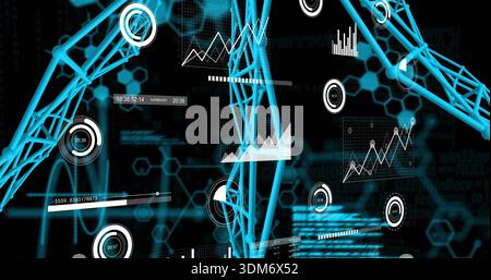 Glowing cyan lattice running vertically in data-visualization space, showing HUD panels and graphs Stock Photo