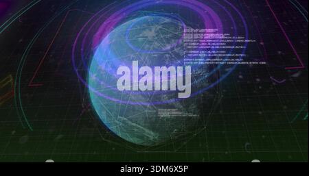 Displaying 3D globe overlaying wireframe mesh at monitoring HUD, showing neon rings, code overlays Stock Photo