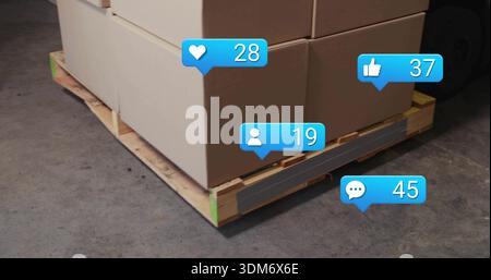 Showing stacked cardboard boxes on wooden pallet at warehouse floor, with reactions 28 or 37 or 19 o Stock Photo
