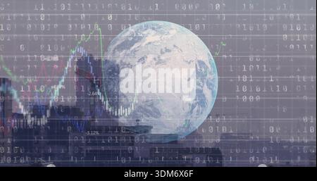 Displaying translucent Earth globe revealing financial charts over city skyline, with binary code Stock Photo