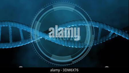 Displaying glowing DNA helix running across frame in digital lab, with HUD DATA PROTECTION Stock Photo
