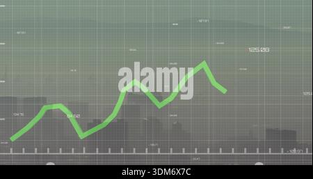 Displaying bright green jagged trend line moving across digital dashboard, with grid and axis ticks Stock Photo